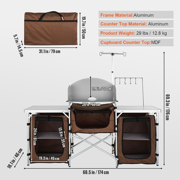 VEVOR Camping Kitchen Table Folding Portable Cook Station Long Aluminum Camping Table with Carrying Bag Side Tables and Shelves