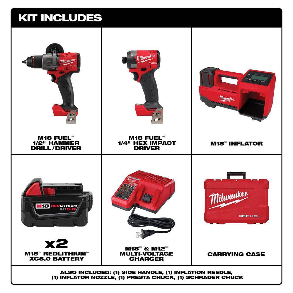 MW M18 FUEL 18-Volt Lithium-Ion Brushless Cordless Hammer Drill and Impact Driver Combo Kit (2-Tool) with Inflator 3697-22-2848-20