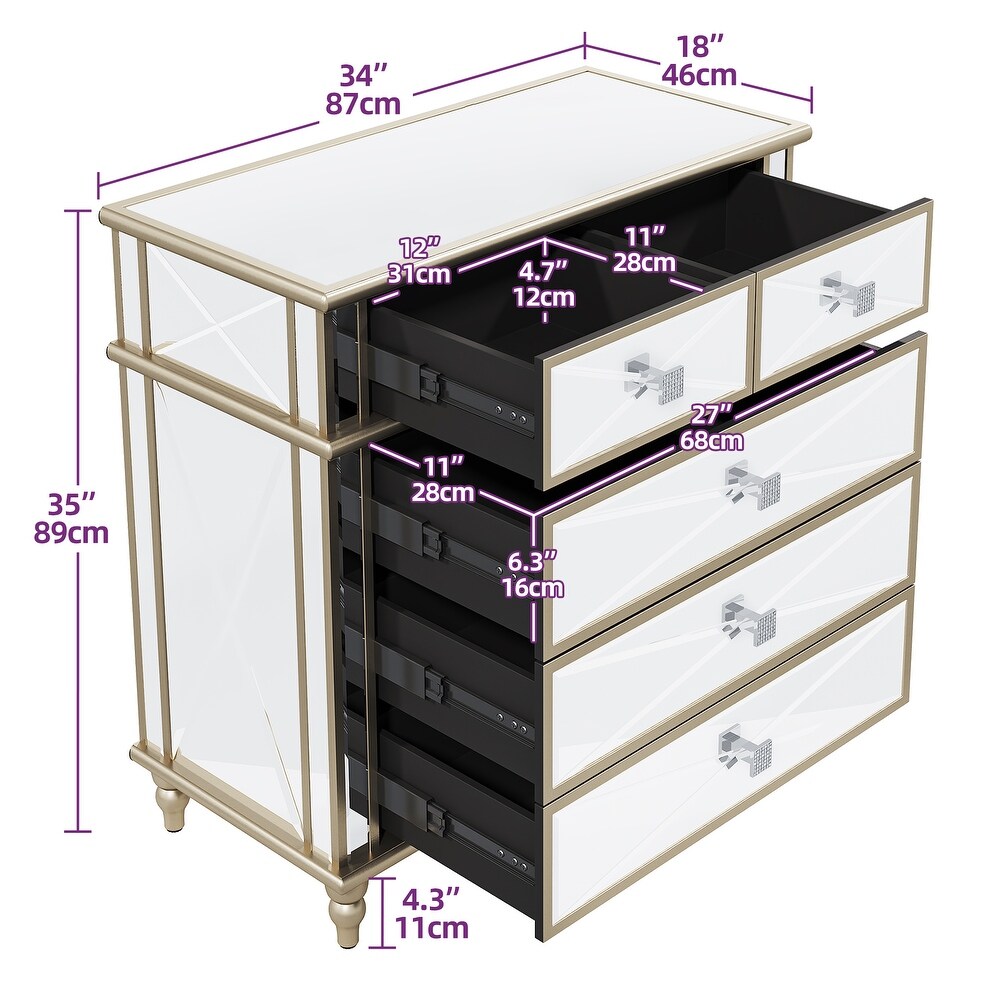 Modern 5 Drawer Mirrored Storage Chest Dresser Sideboard Cabinet