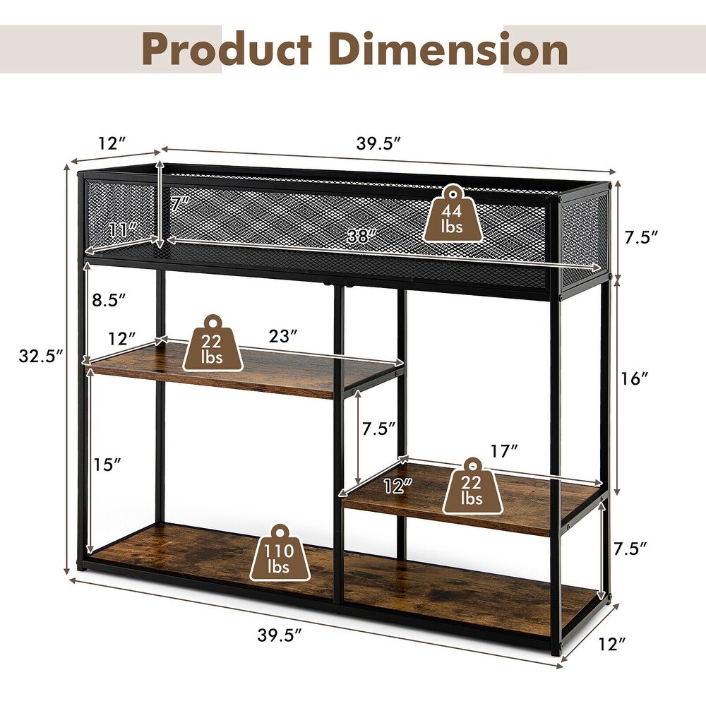 Gymax 4 Tier Console Table w/ Wire Basket Narrow Sofa Table w/ shelf