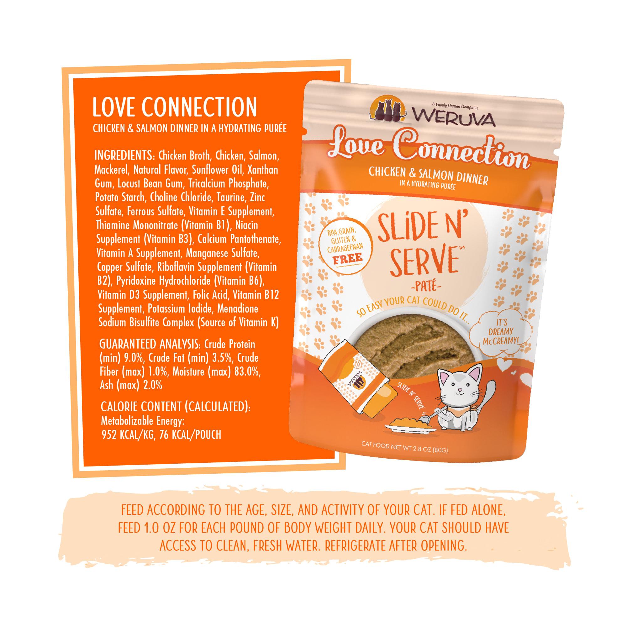 Weruva Pate Love Connection Chicken  Salmon Dinner in a Hydrating Puree Wet Cat Food， 2.8 oz.， Case of 12