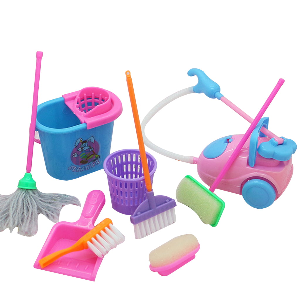 TureClos 9pcs/set Mini Pretend Play Mop Broom Toys， Cute Kids Cleaning Furniture Tools Kit - Random Color (Specially designed for Barbie dollhouse/toy dolls accessory)