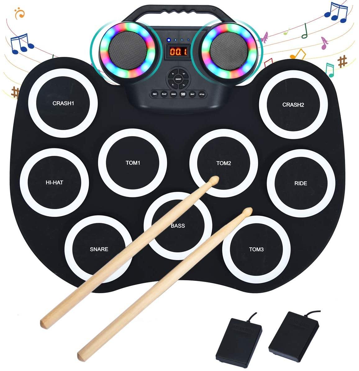 Costzon 9 Pads Electronic Drum Set with LED Light, Portable Roll up MIDI Drum Practice Pad w/Bluetooth (Black)