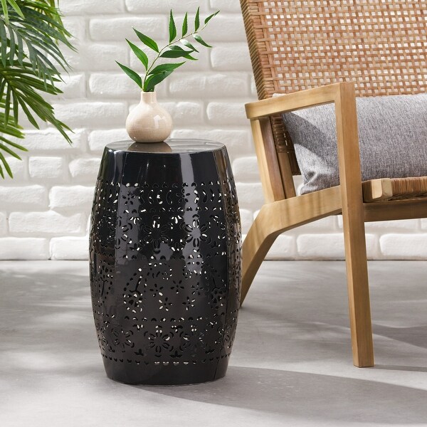 Black Outdoor Side Table with Clean，Precise Lines Finished Barrel Structure Lacecut Design 12.25