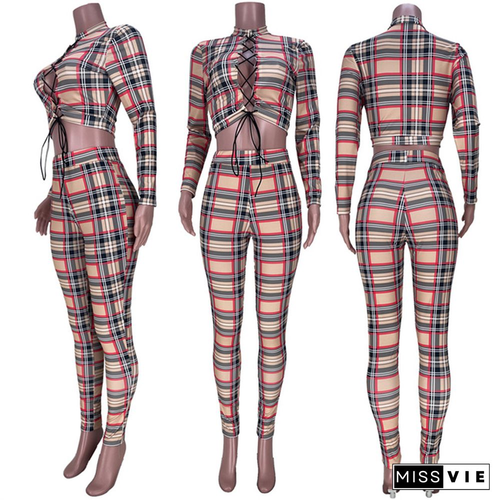 Autumn New Women Plaid Print Bandage Long Sleeve Sexy Crop Top Streetwear 2 Piece Pants Set