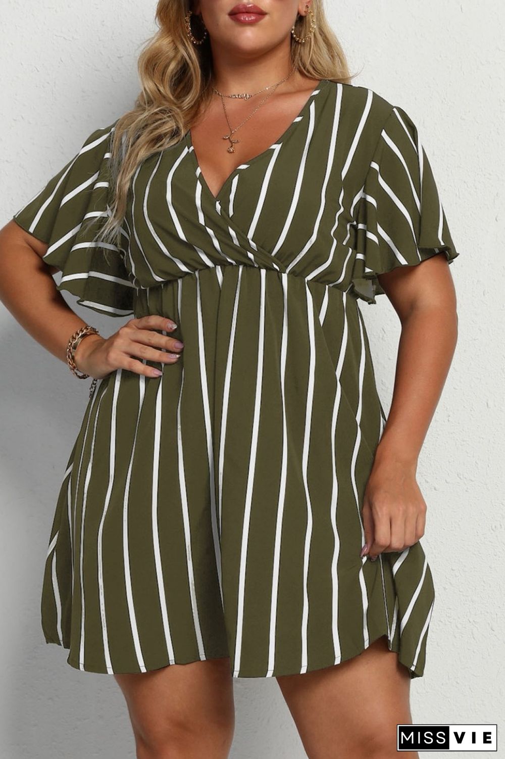 Black Casual Striped Print Patchwork V Neck Short Sleeve Dress Plus Size Dresses