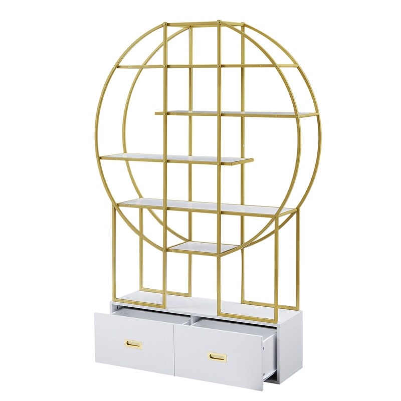 70.8 Inch Gold Frame Round Bookcase Office Bookshelf with Two Drawers