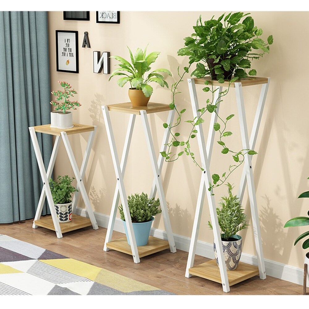 2 Tier Wood Metal Plant Stand Flower Pot Holder Rack Display Shelf