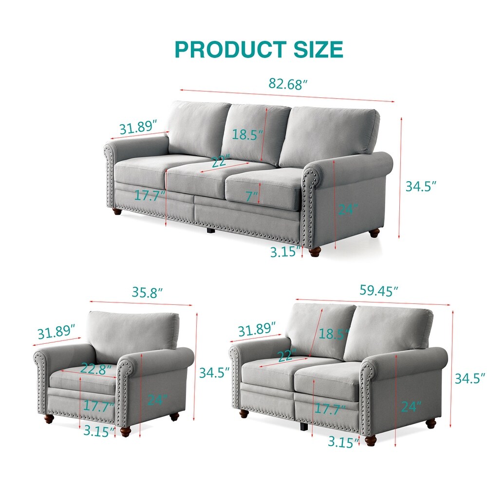 Rolled Arms Three seat Sofa   Loveseat Polyester Thicken Padded Seat Sofa Set