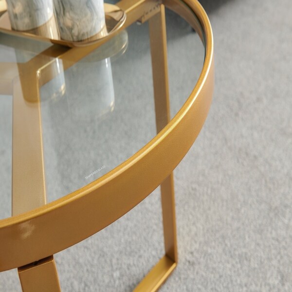 Golden metal frame with round tempered glass tabletop coffee table