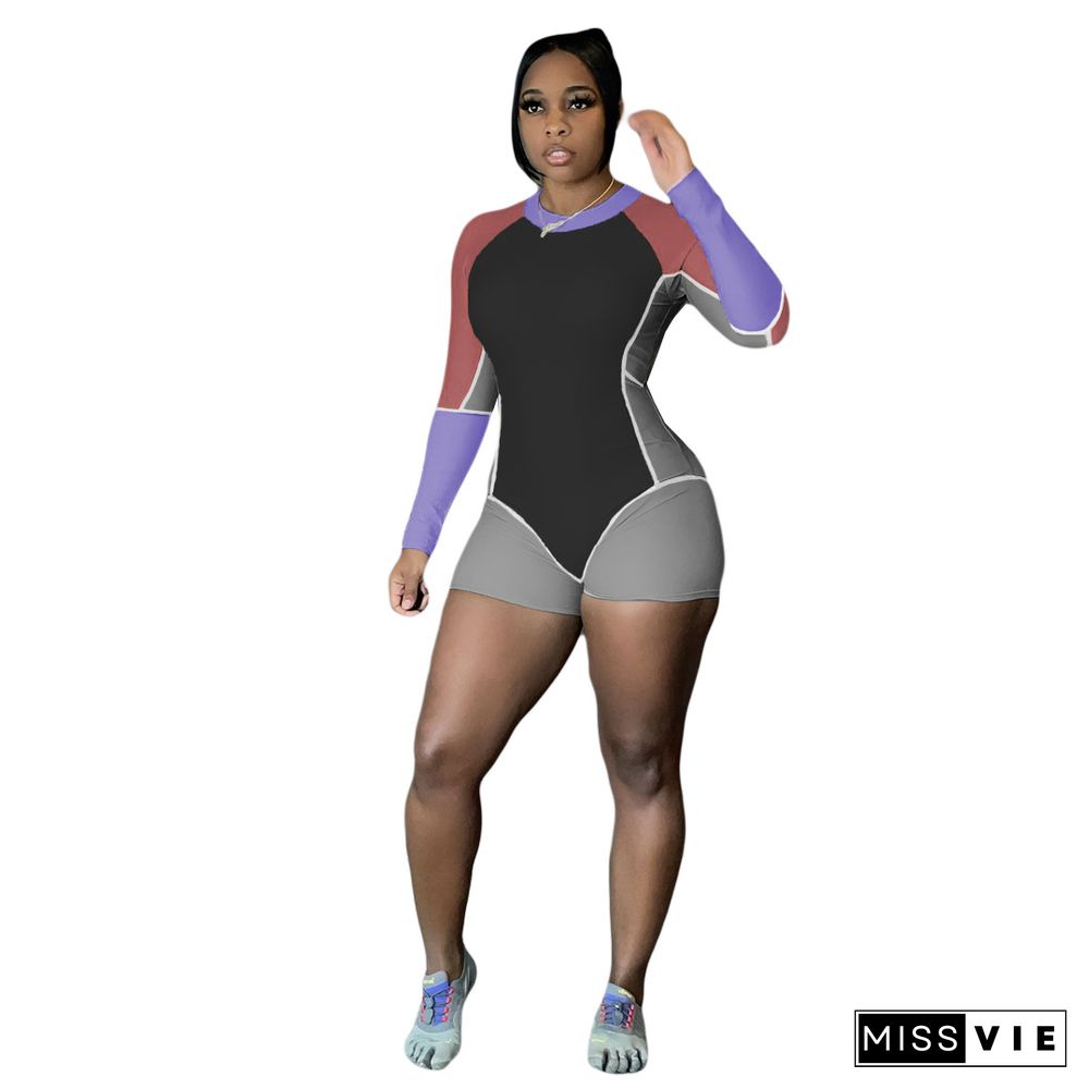 Autumn Color Block Patchwork O-Neck Long Sleeve Stretch Bodycon Sportswear Fitness Rompers