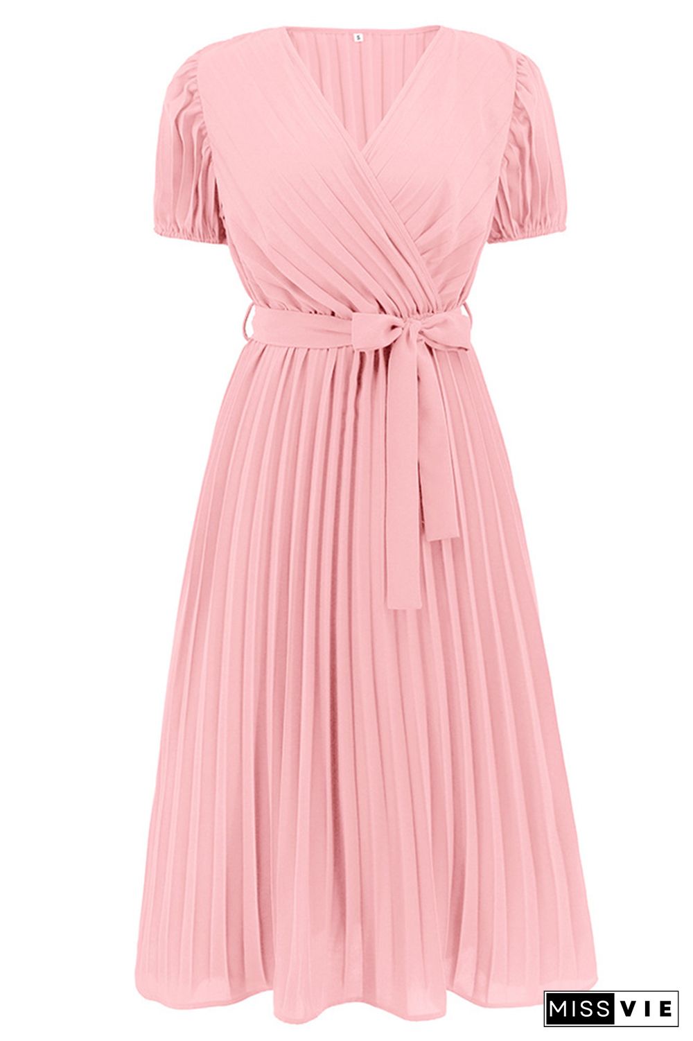 Plain Wrap V Neck Pleated Midi Dress With Sash