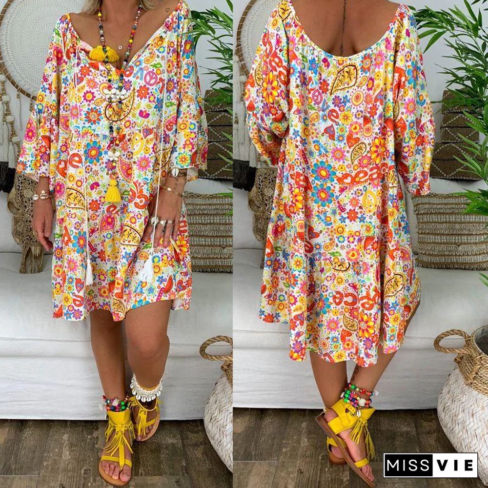 Summer Women Boho Floral Long Sleeve Dress Holiday Beach Shirt Dress Ladies Print Mini Dress Plus Size S-5XL