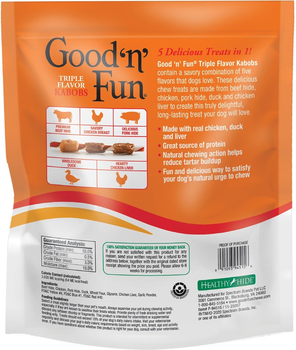 Good 'n' Fun Triple Flavor Kabobs Rawhide Chews Dog Dental Treats， 48-oz bag