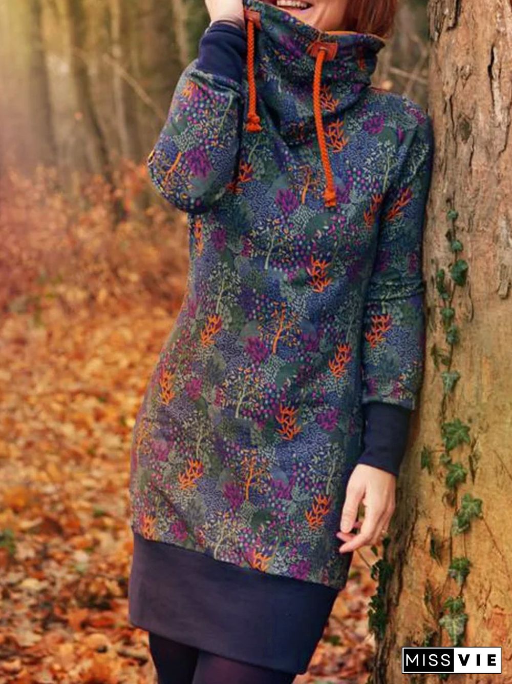 Blue Casual Floral Long Sleeve Knitting Dress