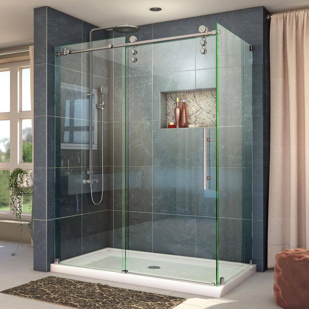 DreamLine Enigma-Z 34-12 in. D x 56-38 to 60-38 in. W x 76 in. H Frameless Corner Shower Enclosure in Brushed Stainless Steel SHEN-6234600-07