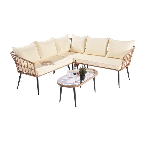 4 Pieces Patio Furniture Set， Outdoor Rattan Conversation Sectional L-Shaped Cushions Sofa with 5 Seater and Coffee Table - Overstock - 37928679