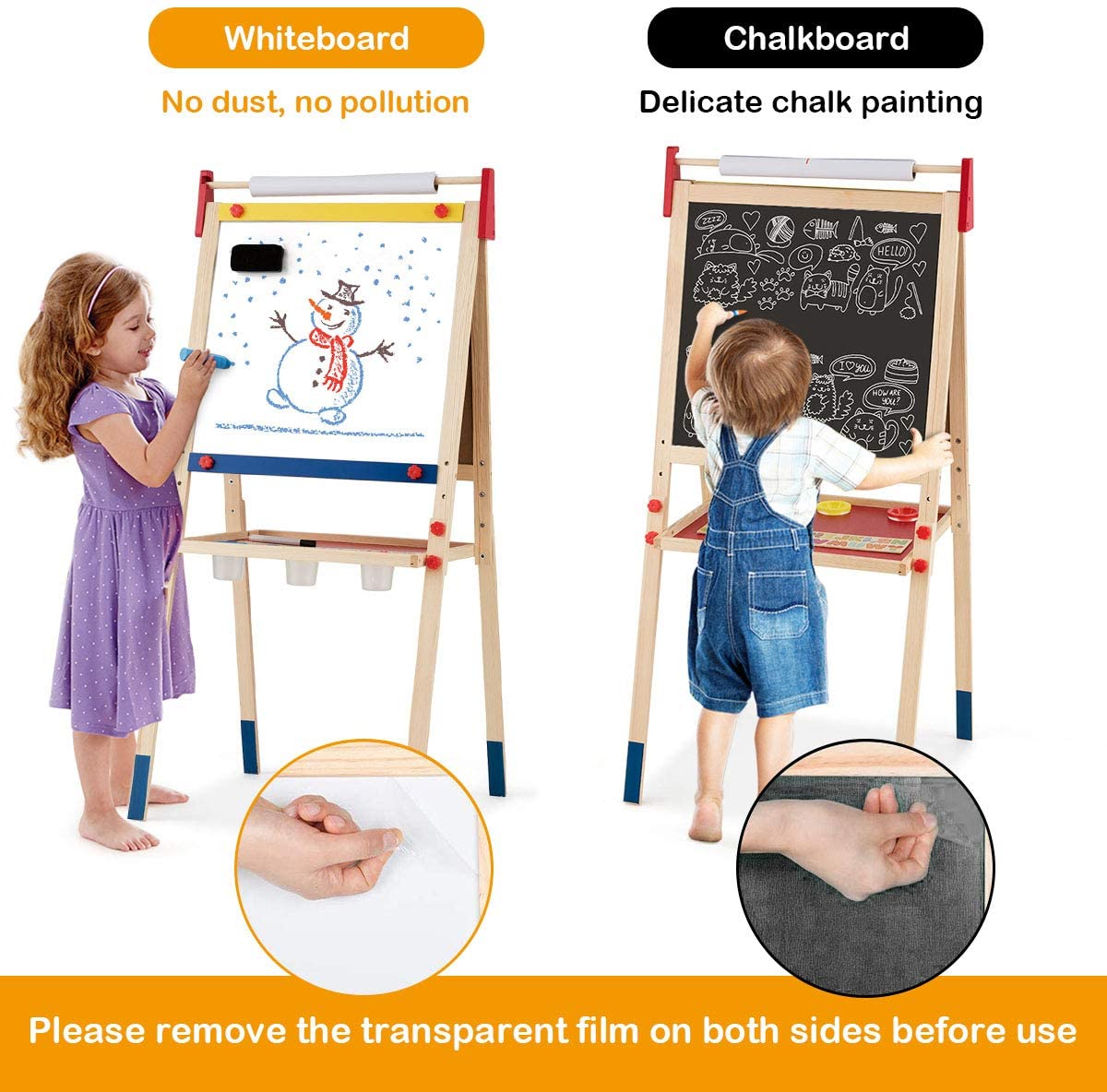 Costzon 3 in 1 Kids Art Easel with Paper Roll, Double Sided Adjustable Chalkboard & White Dry Erase with 4 Drawing Board Clips