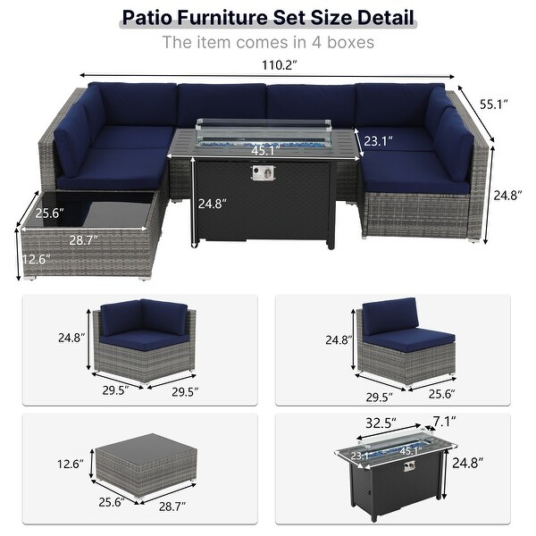 Grey 8Piece Wicker Patio Furniture Set Navy Blue Cushions with Black 45” 50000 BTU Propane Fire Pit Table