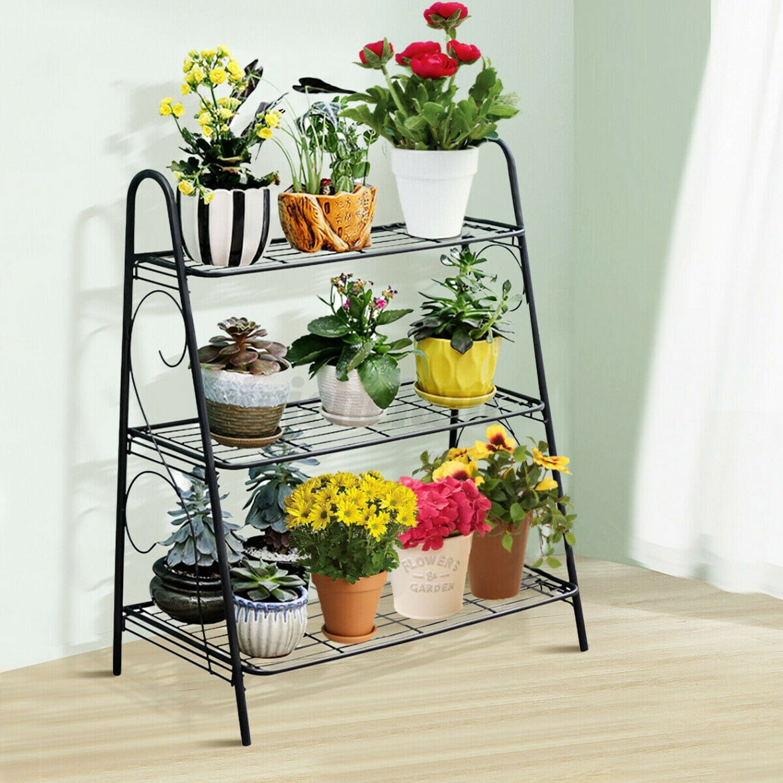 Miumaeov 3 Tier Metal Shelves Flower Pot Plant Display Rack for Indoor Outdoor Step Plant Pot Stand Planter Shelf Multiple Flower Pot Storage Rack