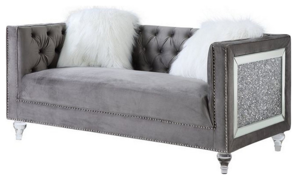 Loveseat With Track Arms And Encrusted Faux Diamond Inlay  Gray   Traditional   Loveseats   by VirVentures  Houzz