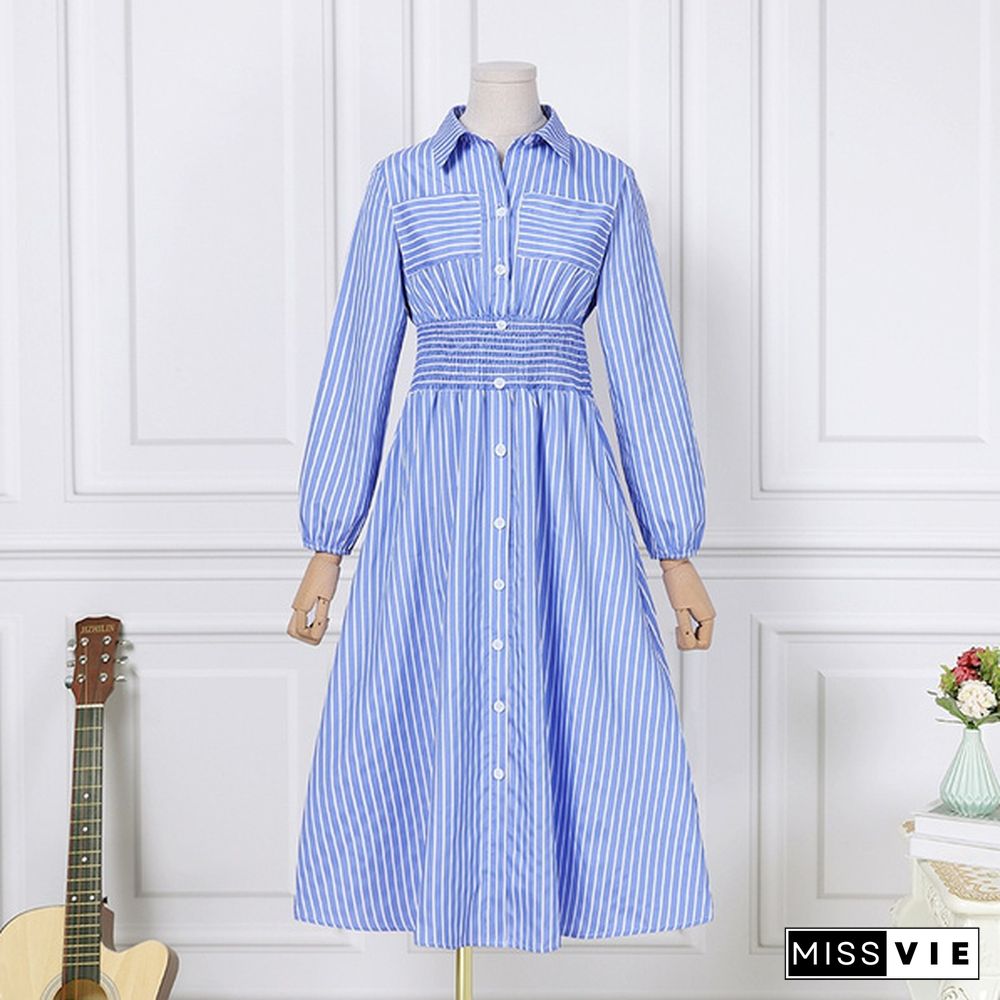 Stylish Women Summer Long Sleeve Strped Shirt Dress Plus Size A Line Casual Dresses