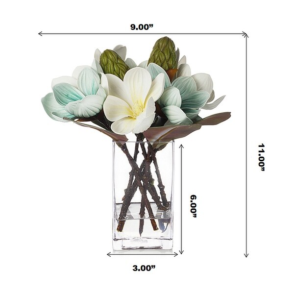 Enova Home Artificial Real Touch Magnolia Flowers Arrangement in Rectangular Glass Vase with Faux Water for Home Decór