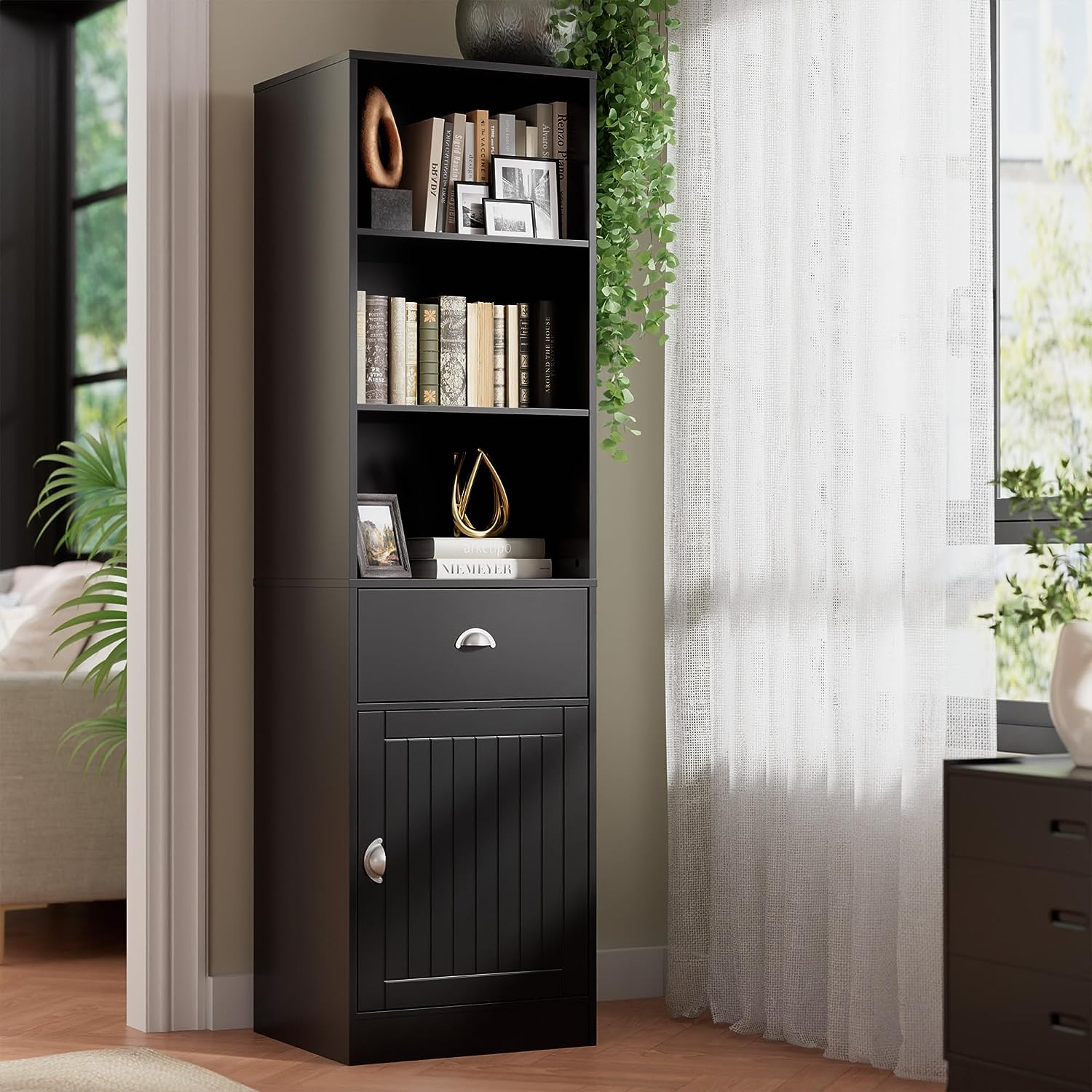 3-Tier Freestanding Tall Bookcase with Door and Drawer, Narrow Bookshelf Display Cabinet