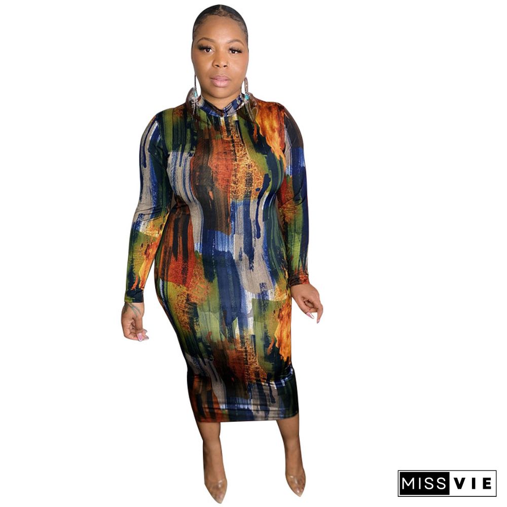 High Waist Print Long Sleeve O Neck Plus Size Dress