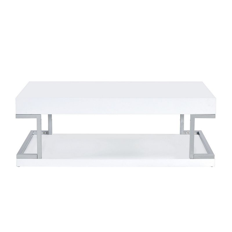 High Gloss Contemporary Coffee Table with Bottom Shelf， White and Silver