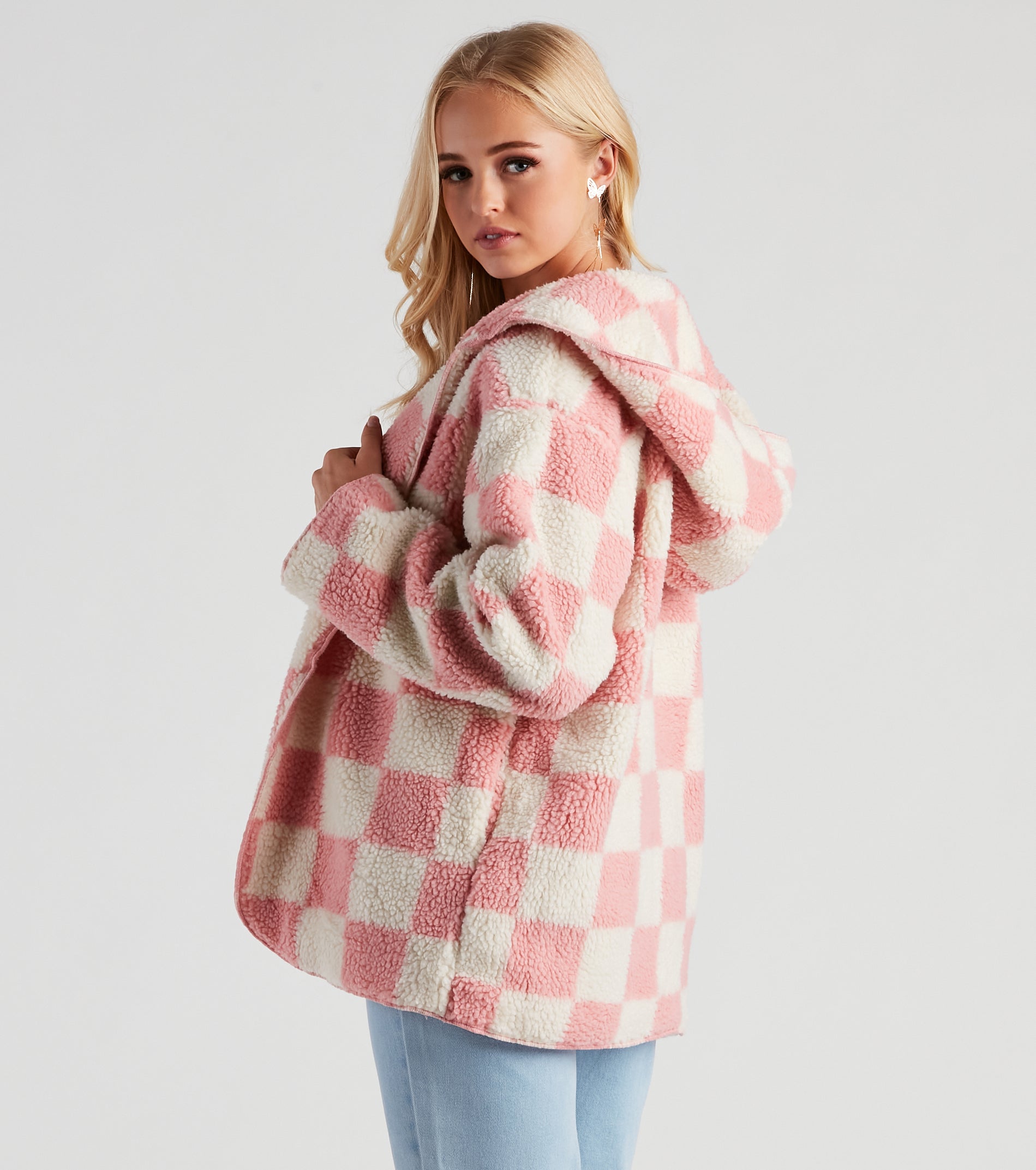 Cute In Checkered Faux Sherpa Jacket