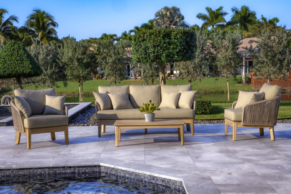 Eve 4 Piece Patio and Backyard Wood  Aluminum and Rope Conversation Set  Gray   Beach Style   Outdoor Lounge Sets   by Outsy  Houzz