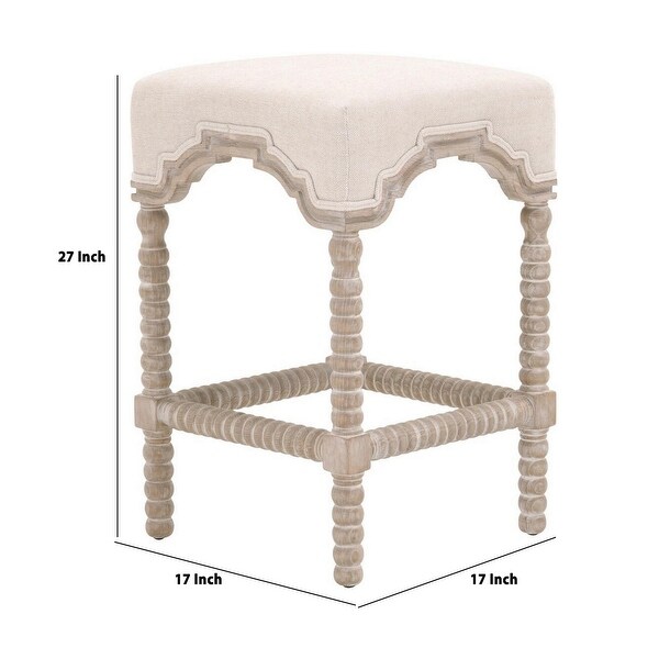 Turned Wooden Frame Padded Stool， Beige and Brown