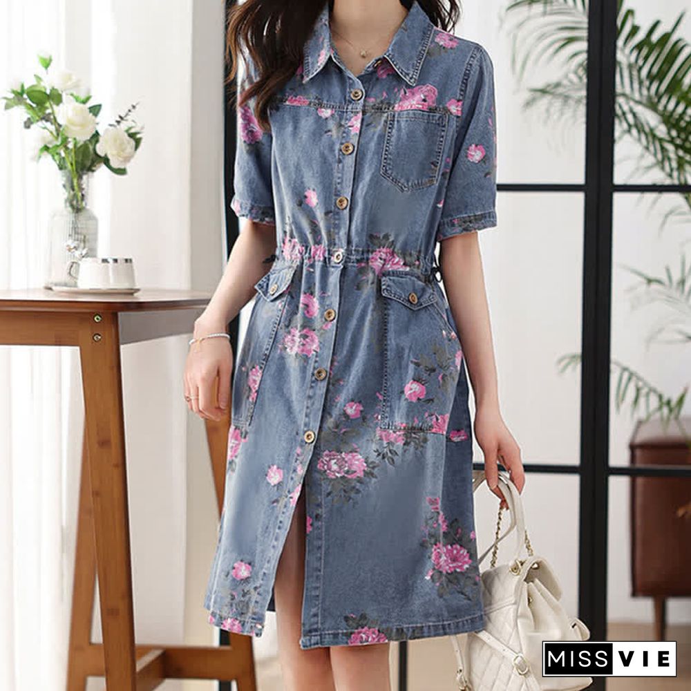 Floral Print Drawstring Lapel Denim Dress