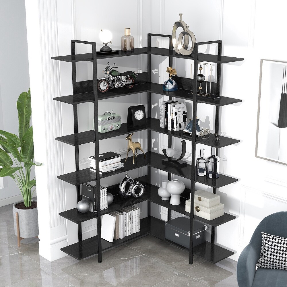 74.8 Inch Bookshelf L shape Stainless Steel Frame Corner 6 tier Shelves Adjustable Foot Pads