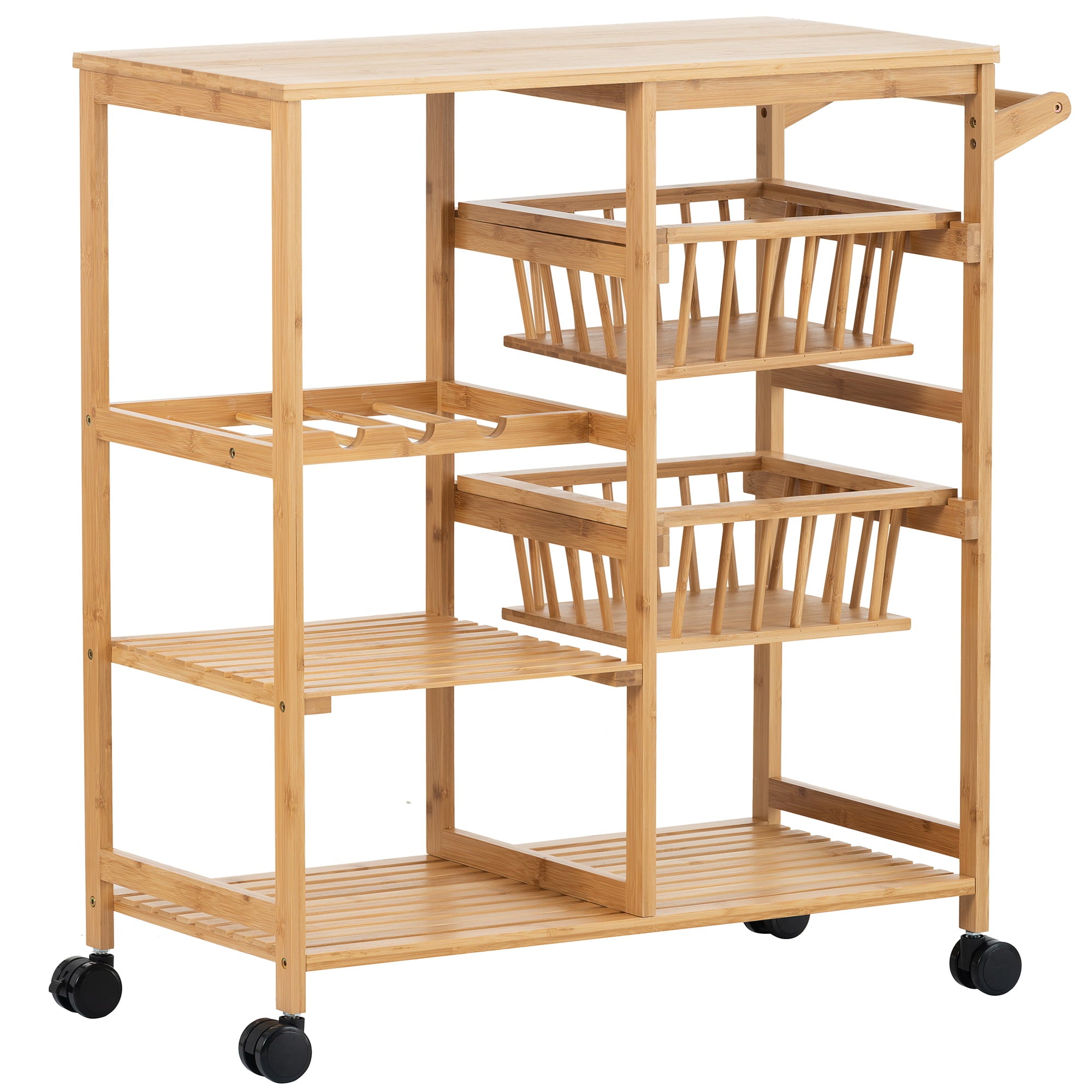 Rolling Kitchen Cart with Storage， BTMWAY Wood Kitchen Bakers Rack 3-Tier Utility Cart on Wheels， Counter Top Table Kitchen Microwave Cart with 2 Baskets， 3 Shelf， Walnut