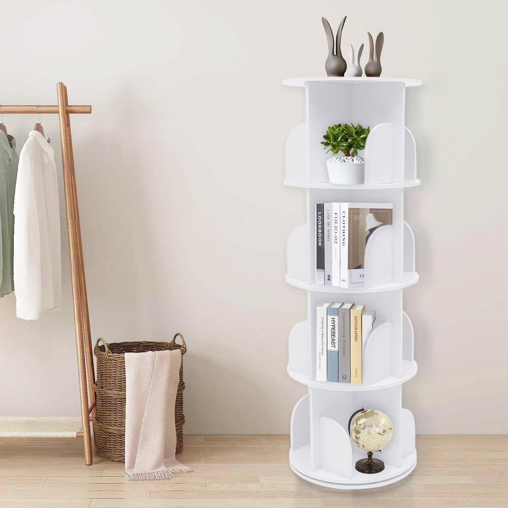 YIYIBYUS 15.7 in. White Rotating Bookshelf 360 Display Floor Standing Nordic 4-Shelf Bookcase HG-WMT-3219