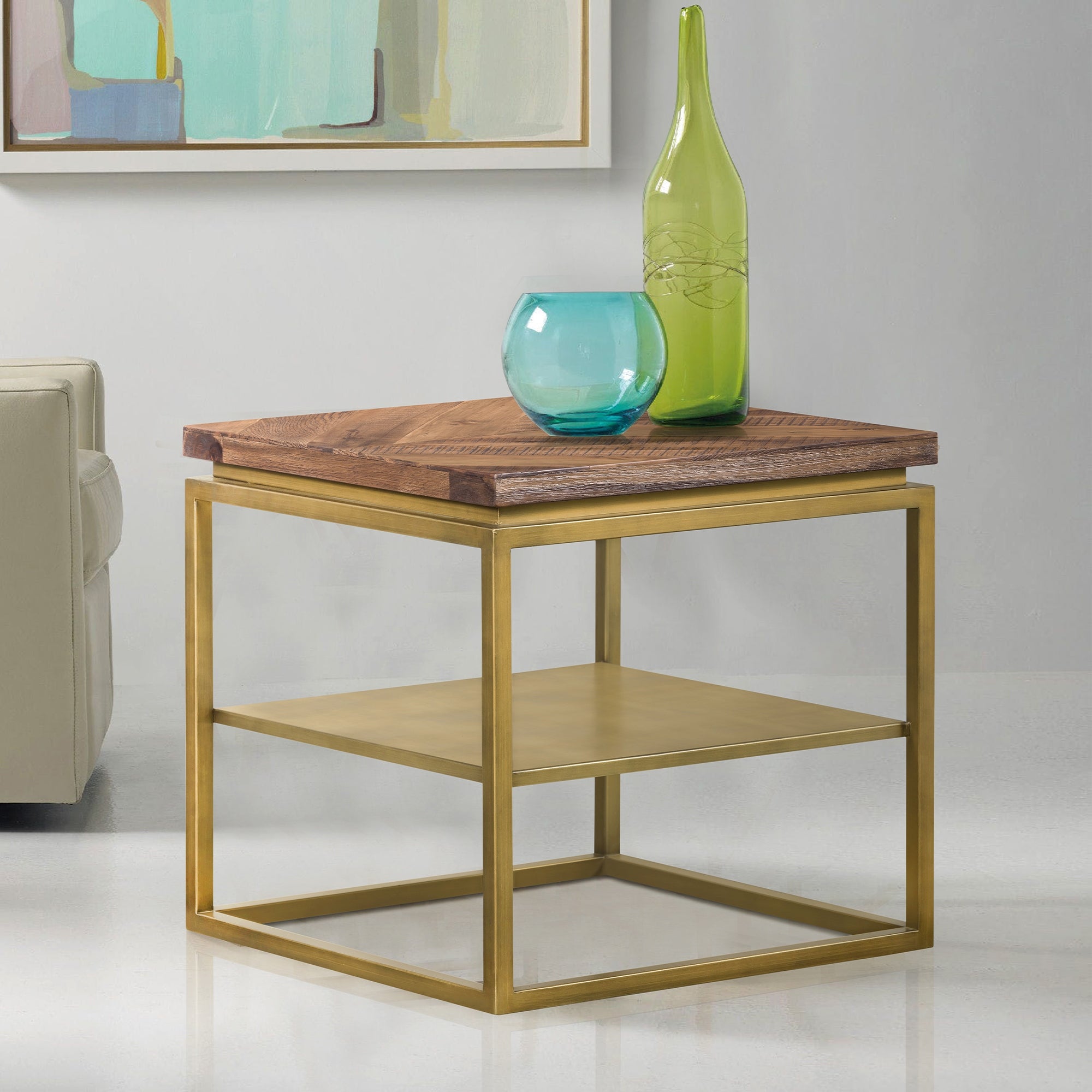 Tray Rustic Brown Wood Side table with Shelf and Antique Brass Base - Square