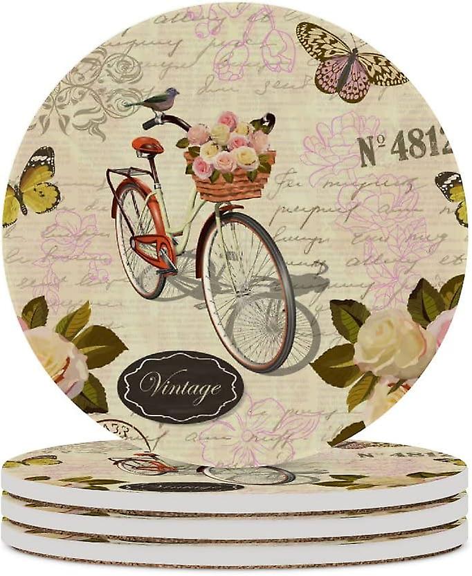 4pcs Round Vintage Roses Butterfly And Bicycle Ceramic Coasters With Cork-backed For Coffee Drink Cup Mat Absorbent Stone Coasters