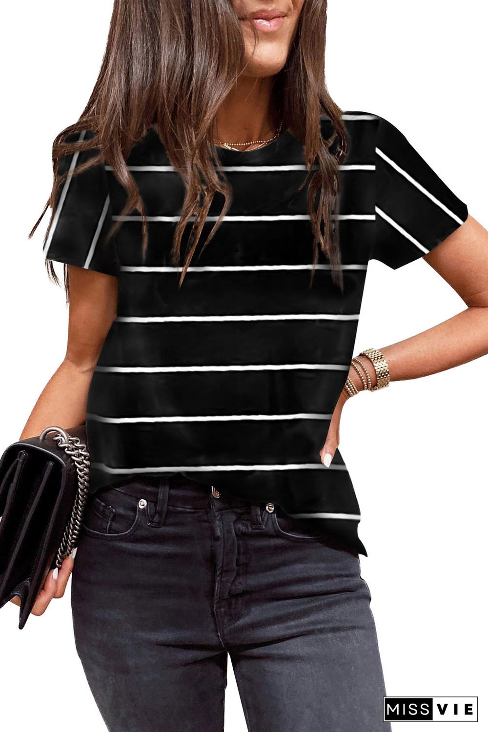 Black Round Neck Striped Print T-shirt