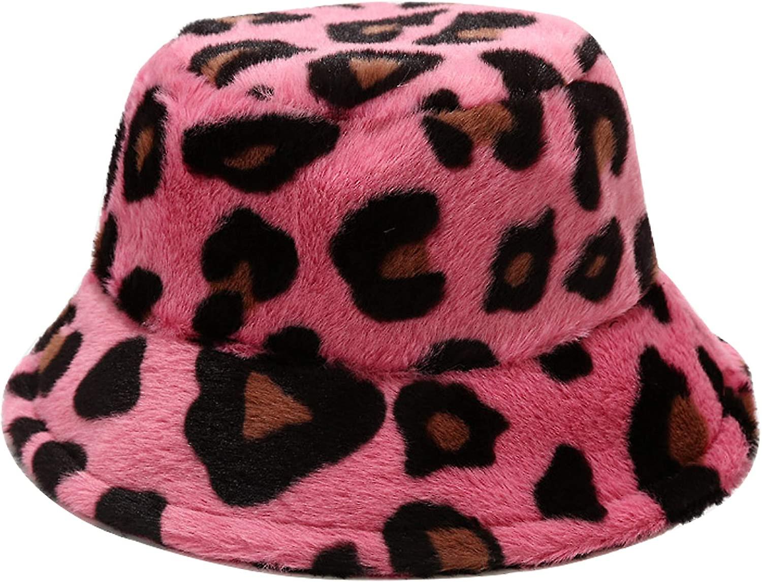 Winter Faux Fur Bucket Hat Fluffy Warm Hat For Women Men Big Leopard Print Rose -