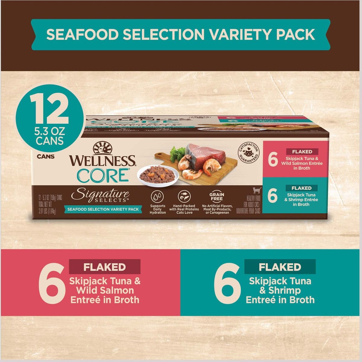 Wellness CORE Signature Selects Seafood Variety Pack Flaked Wet Cat Food  5.3-oz can， case of 12