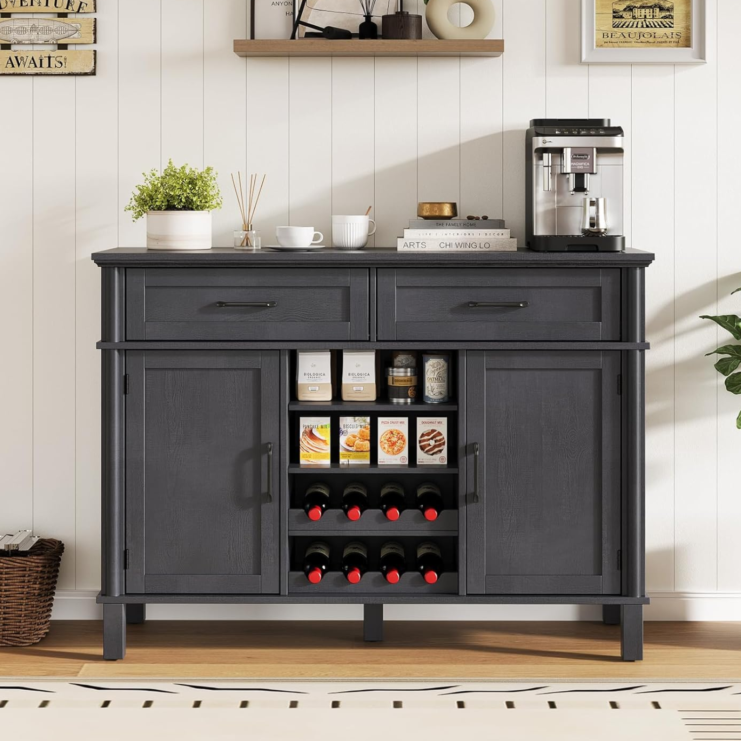 48 inches Buffet Storage Cabinet with 2 Wine Racks, 2 Drawers and Side Cabinets