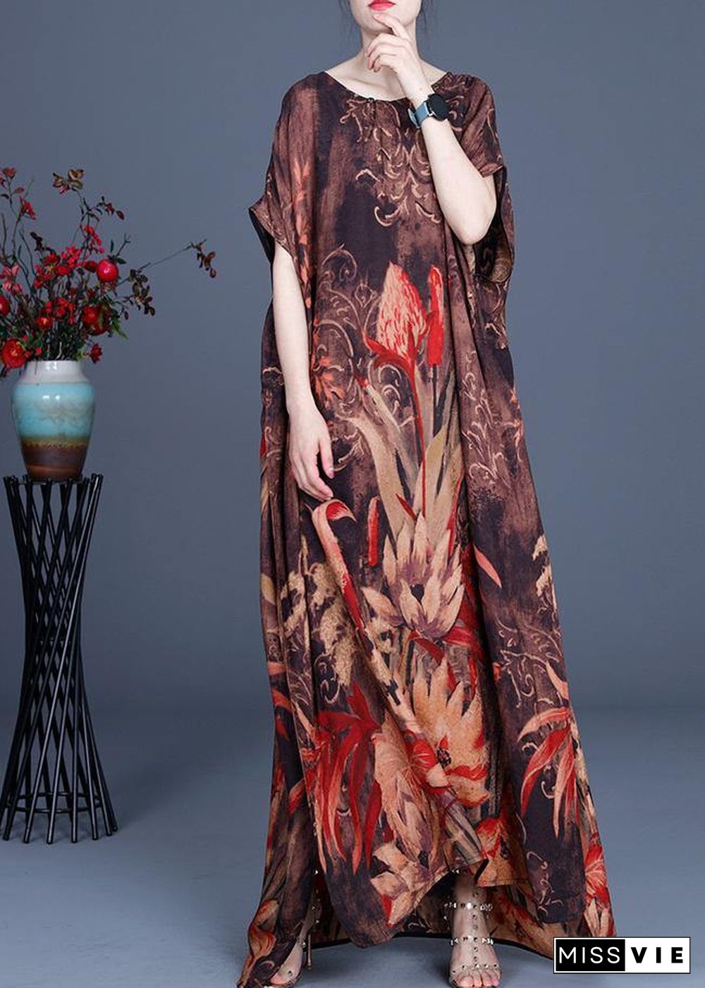 Casual Chocolate Print Silk Asymmetrical Design Low High Design Dresses Summer