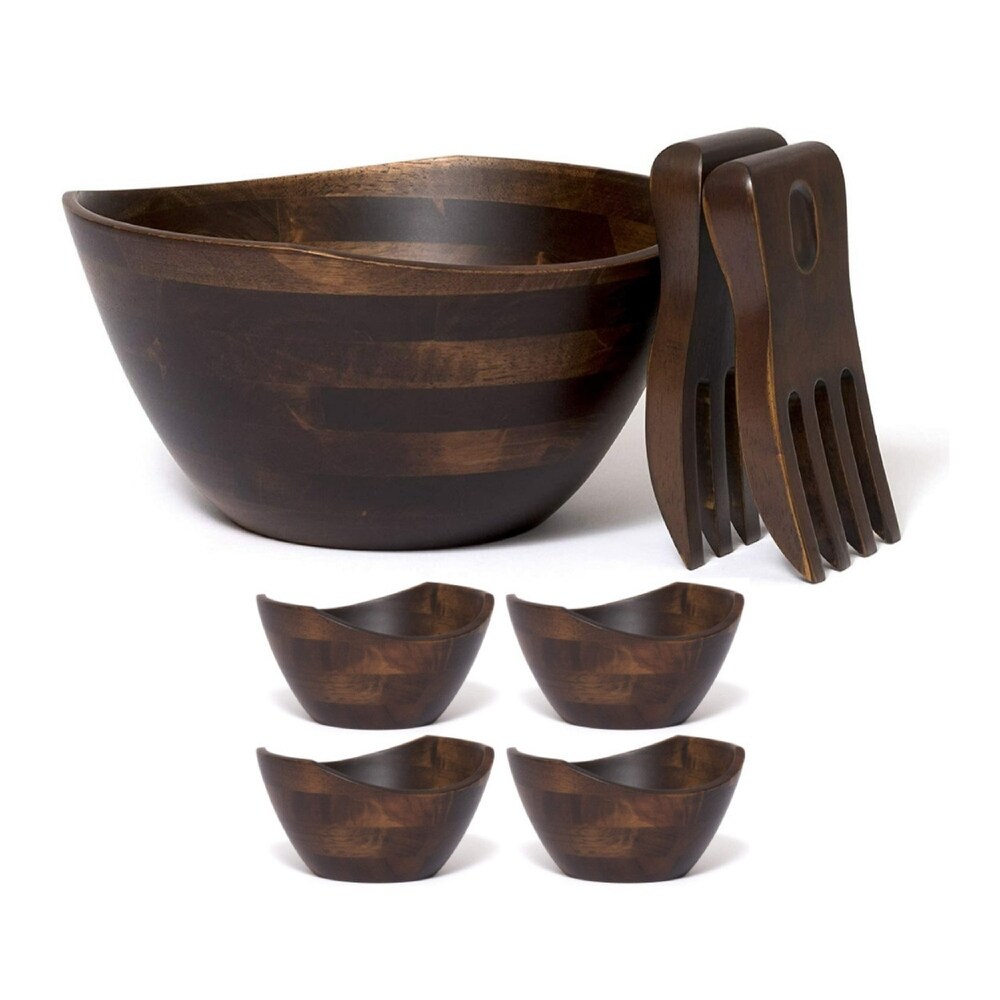 Lipper International Large Walnut Wavy Rim Bowl w/ Salad Hands Bundle