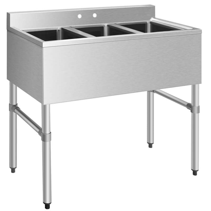 3 Compartment Commercial Stainless Steel Utility Sink, Freestanding Triple Bowl Kitchen Sink with 3 Basket Strainer Drains