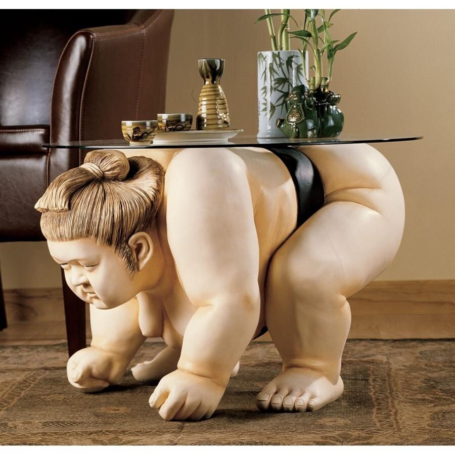 Design Toscano Basho the Sumo Wrestler Sculpture Glass Topped Table   Multi