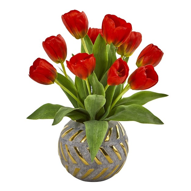 Nearly Natural 15-in Tulip Artificial Arrangement In Decorative Vase