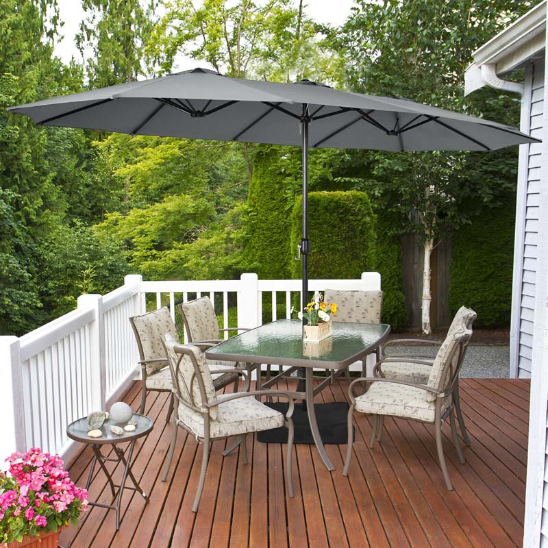 15FT Double-Sided Twin Patio Umbrella with Base & Crank System, Extra-Large Cantilever Market Umbrella