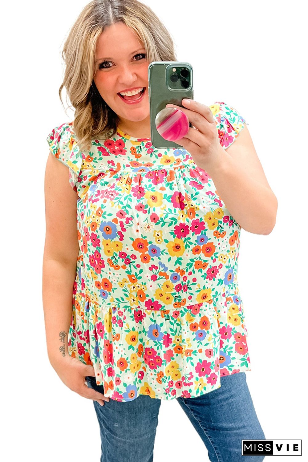 Multicolor Plus Size Floral Print Ruffle Tiered Tunic Top